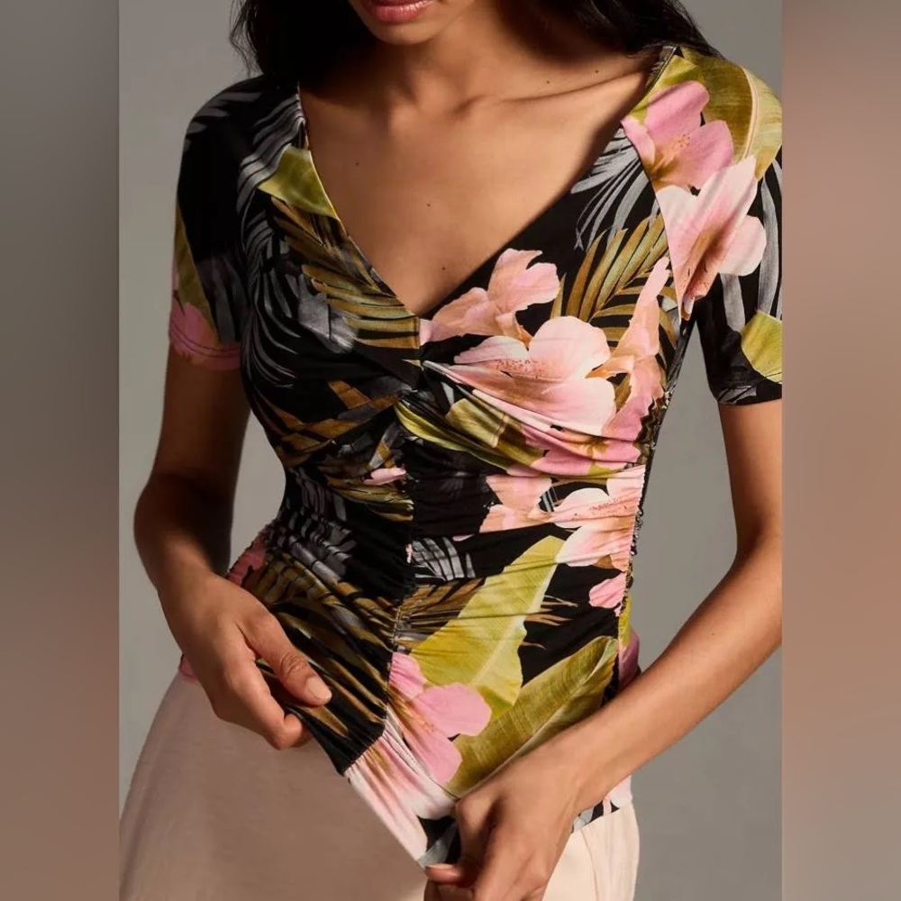 Favorite Daughter The Bad Decisions Ruched Floral Top XS Hawaiian Vacay NWT